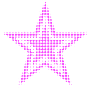 A pink star-shaped graphic made of small dots on a white background.